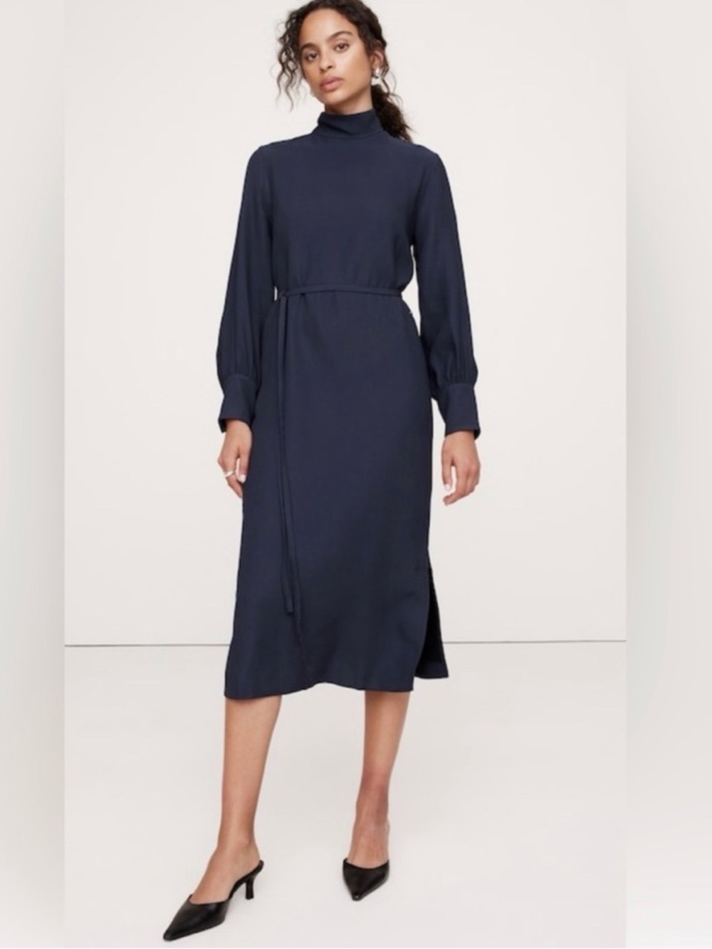 Banana Republic Navy Long-Sleeve High Neck Midi Dress